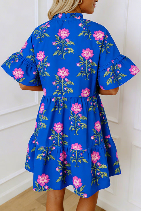 Floral Print V Neck Short Sleeve A Line Dress