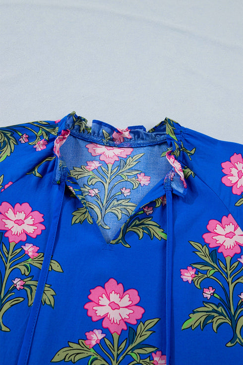 Floral Print V Neck Short Sleeve A Line Dress