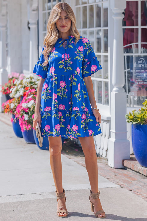 Floral Print V Neck Short Sleeve A Line Dress