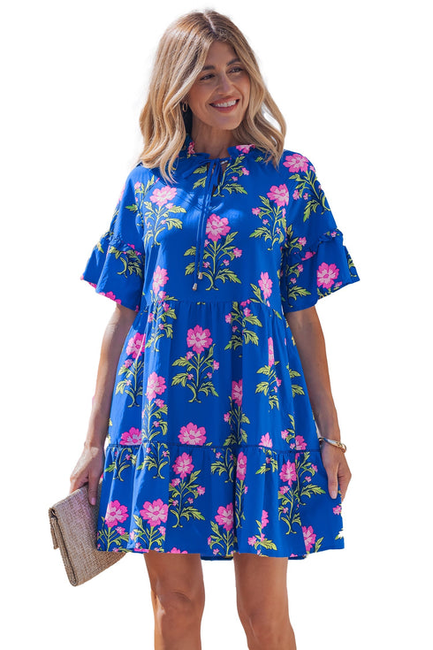 Floral Print V Neck Short Sleeve A Line Dress
