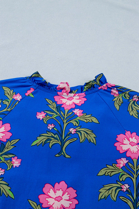 Floral Print V Neck Short Sleeve A Line Dress