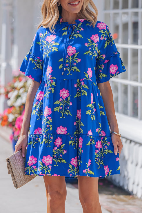 Floral Print V Neck Short Sleeve A Line Dress