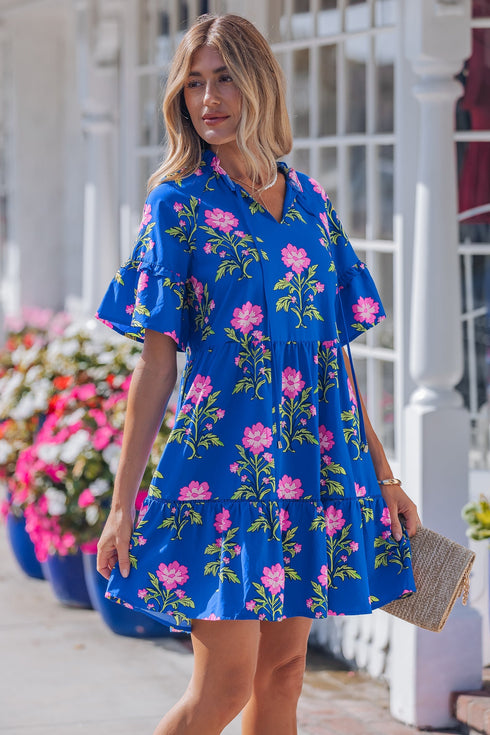 Floral Print V Neck Short Sleeve A Line Dress