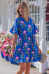Floral Print V Neck Short Sleeve A Line Dress