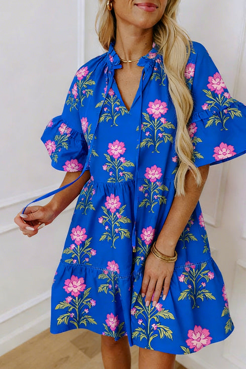 Floral Print V Neck Short Sleeve A Line Dress