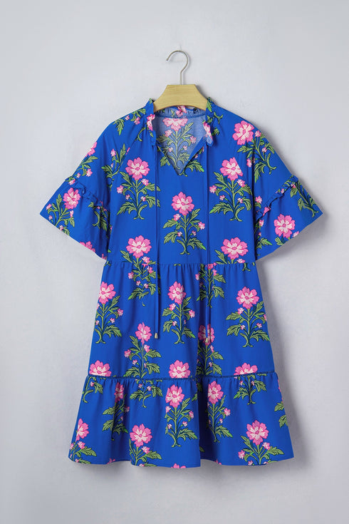 Floral Print V Neck Short Sleeve A Line Dress
