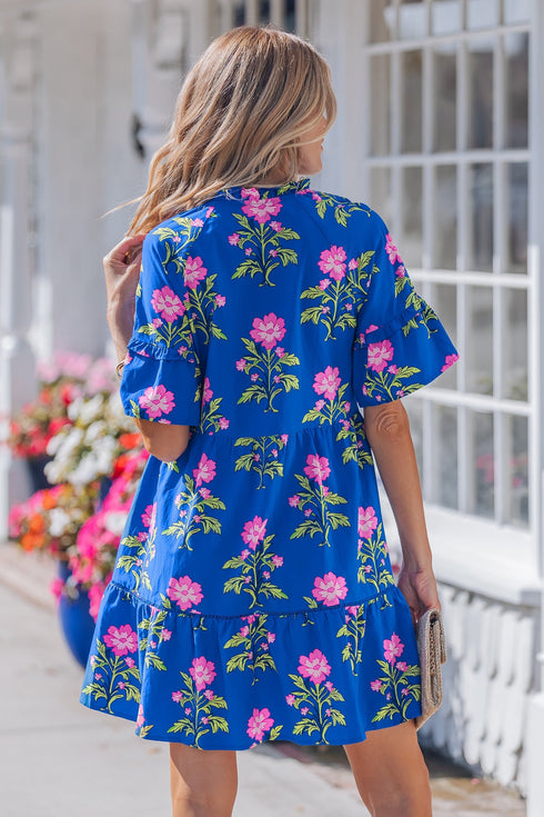 Floral Print V Neck Short Sleeve A Line Dress