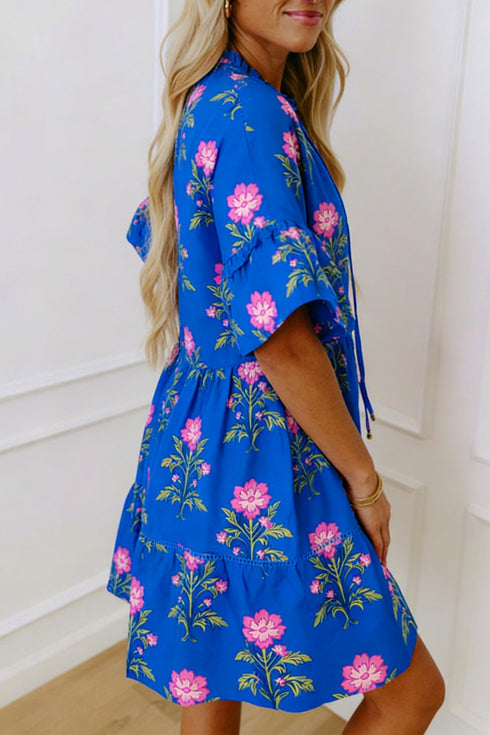 Floral Print V Neck Short Sleeve A Line Dress