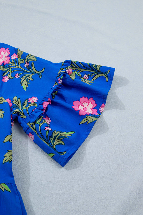 Floral Print V Neck Short Sleeve A Line Dress