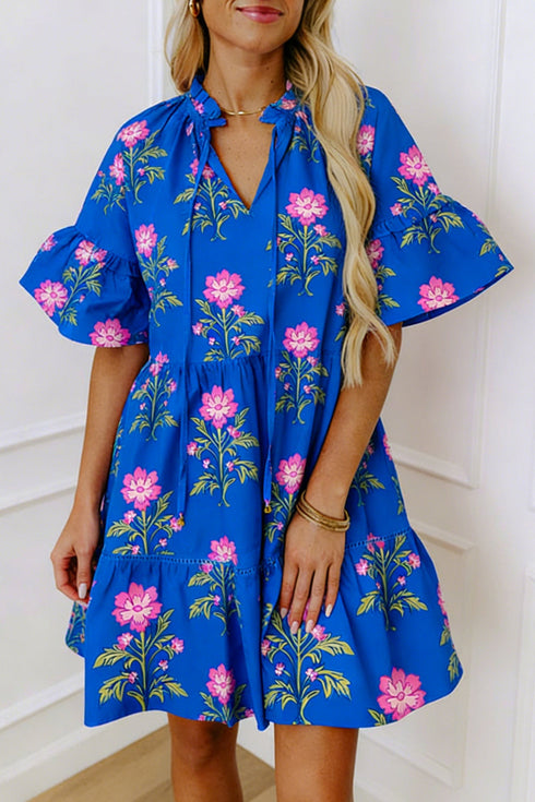 Floral Print V Neck Short Sleeve A Line Dress