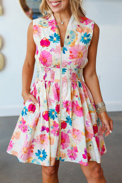 Floral Print V Neck Smocked Waist Flared Mini Dress