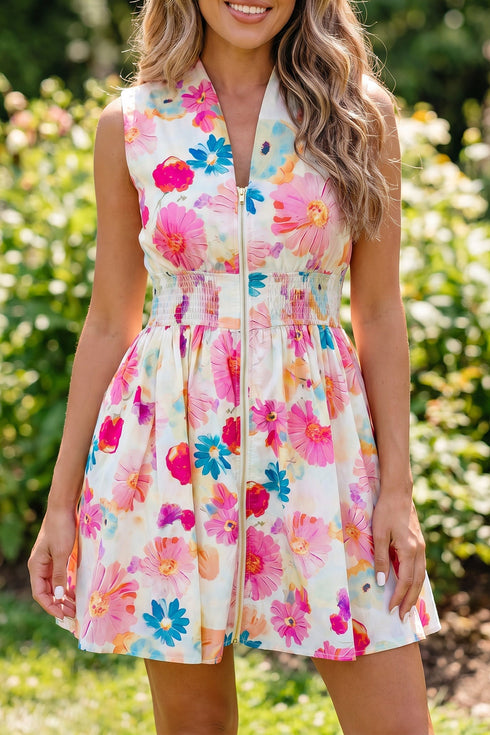 Floral Print V Neck Smocked Waist Flared Mini Dress