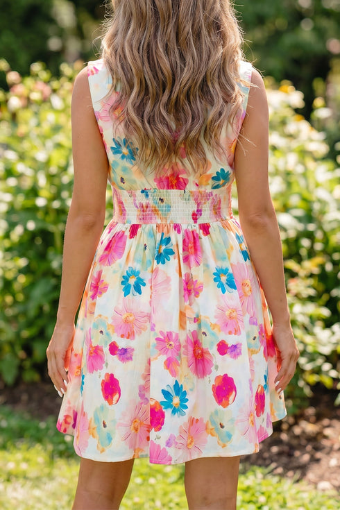 Floral Print V Neck Smocked Waist Flared Mini Dress