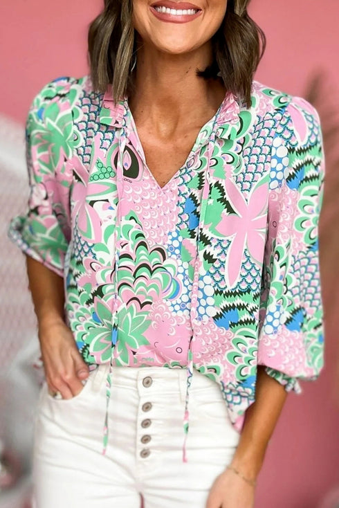 Floral Print V Neck Tie Detail Long Sleeve Blouse