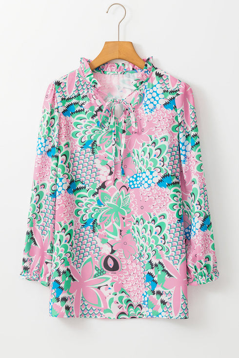 Floral Print V Neck Tie Detail Long Sleeve Blouse