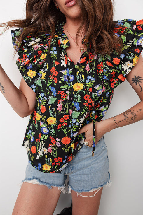 Floral Print V Neck Tiered Flutter Sleeve Blouse