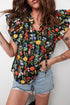Floral Print V Neck Tiered Flutter Sleeve Blouse
