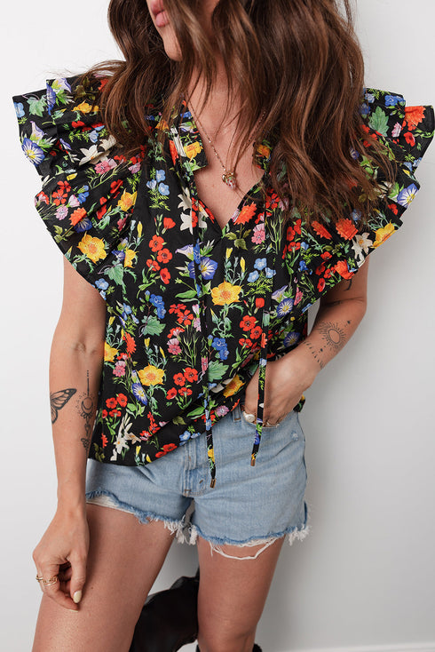 Floral Print V Neck Tiered Flutter Sleeve Blouse