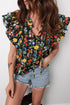 Floral Print V Neck Tiered Flutter Sleeve Blouse