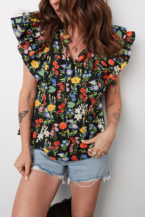 Floral Print V Neck Tiered Flutter Sleeve Blouse