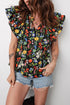 Floral Print V Neck Tiered Flutter Sleeve Blouse