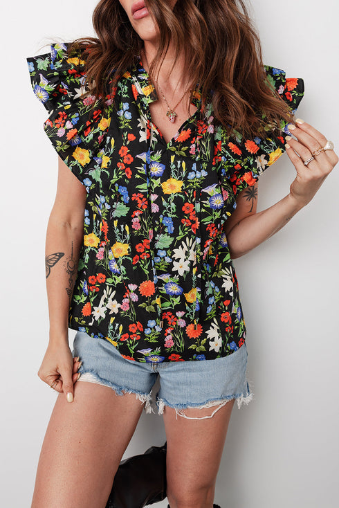 Floral Print V Neck Tiered Flutter Sleeve Blouse