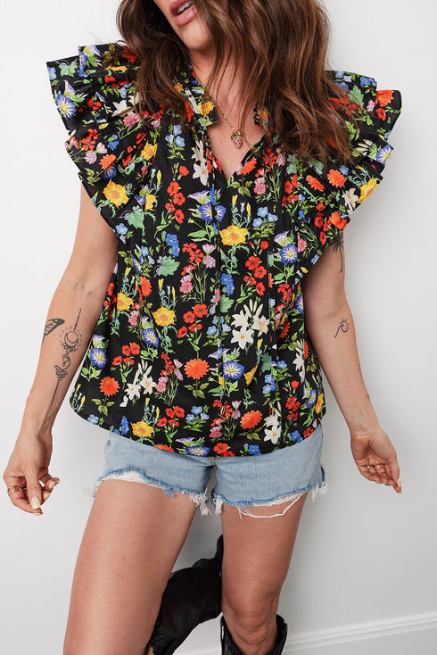 Floral Print V Neck Tiered Flutter Sleeve Blouse
