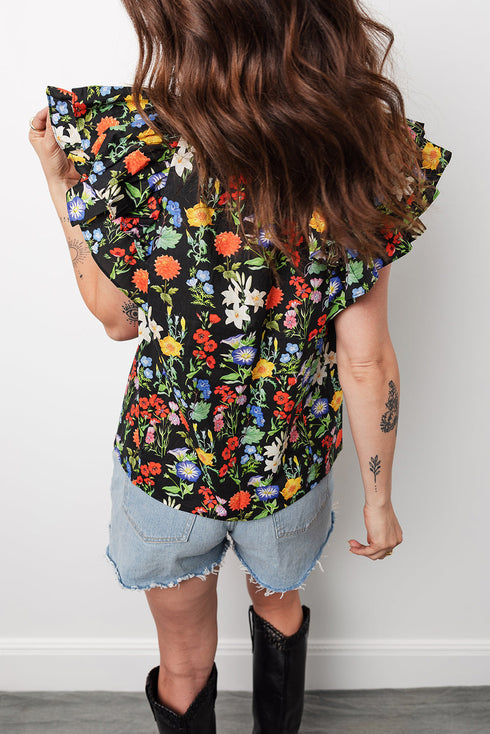 Floral Print V Neck Tiered Flutter Sleeve Blouse