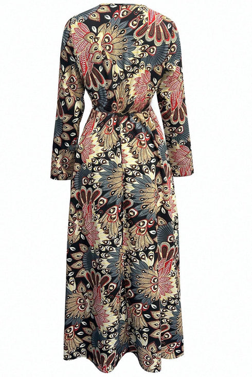 Floral Print V Neck Wrap High Waist Maxi Dress