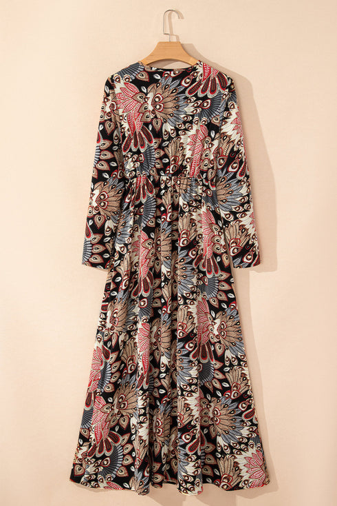 Floral Print V Neck Wrap High Waist Maxi Dress