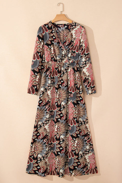 Floral Print V Neck Wrap High Waist Maxi Dress