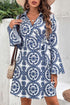 Floral Print V Neck Wrapped Knot Long Sleeve Mini Dress
