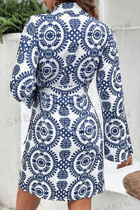Floral Print V Neck Wrapped Knot Long Sleeve Mini Dress