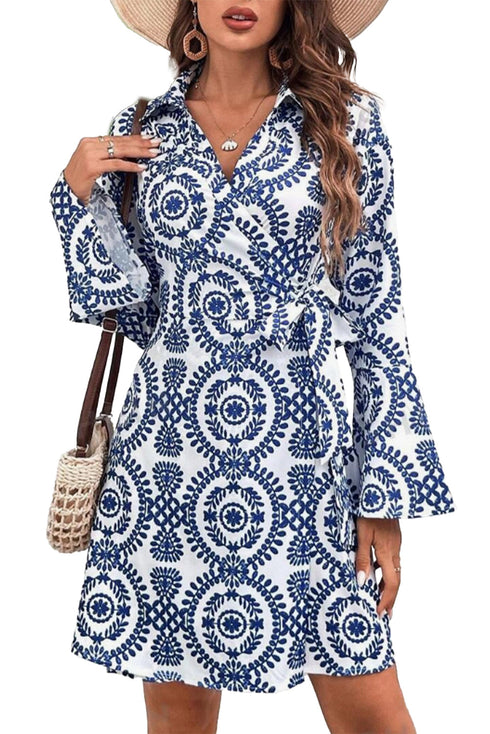 Floral Print V Neck Wrapped Knot Long Sleeve Mini Dress