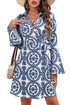 Floral Print V Neck Wrapped Knot Long Sleeve Mini Dress