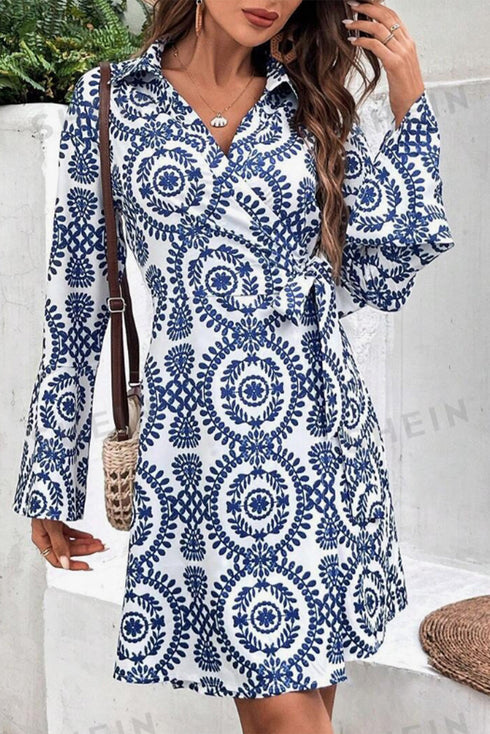 Floral Print V Neck Wrapped Knot Long Sleeve Mini Dress