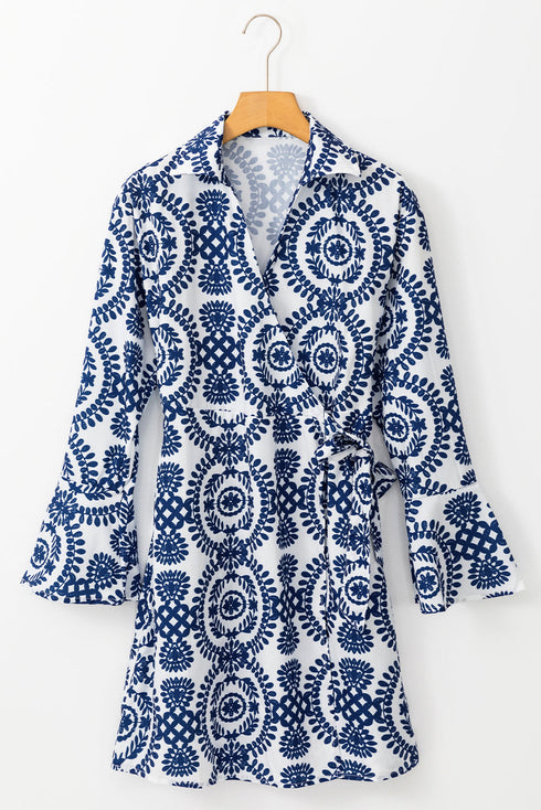 Floral Print V Neck Wrapped Knot Long Sleeve Mini Dress