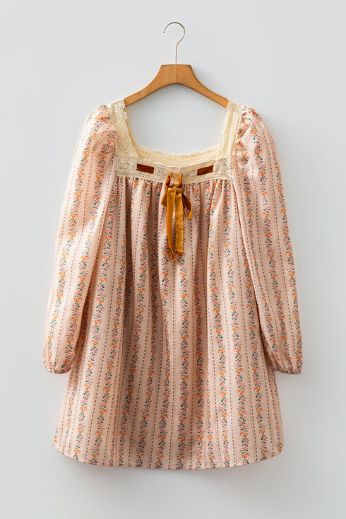 Floral Print Velvet Bow Lace Patchwork Long Sleeve Mini Dress