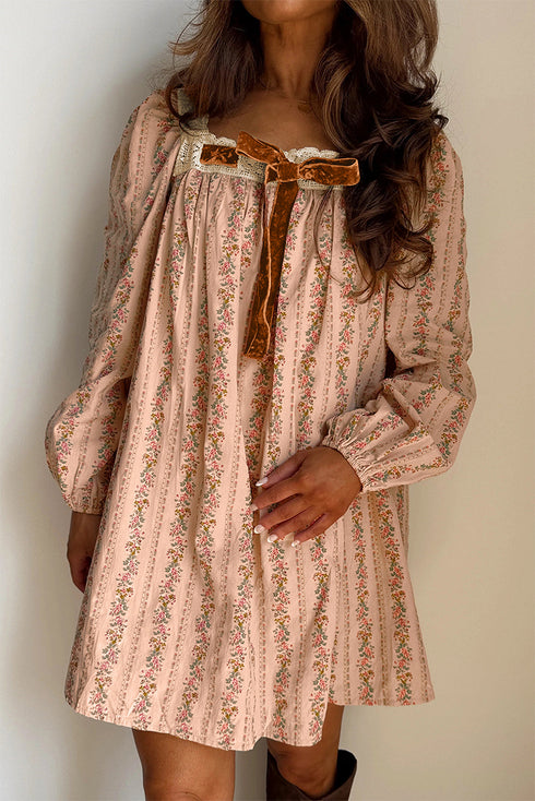 Floral Print Velvet Bow Lace Patchwork Long Sleeve Mini Dress