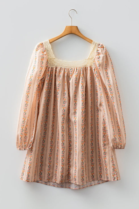 Floral Print Velvet Bow Lace Patchwork Long Sleeve Mini Dress