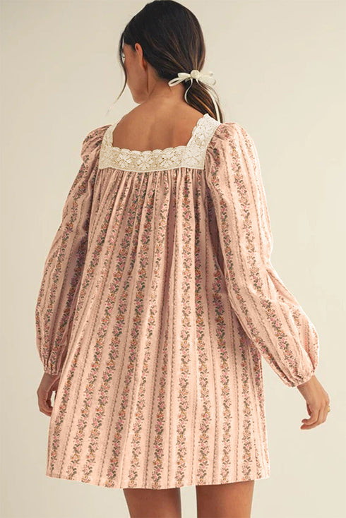 Floral Print Velvet Bow Lace Patchwork Long Sleeve Mini Dress