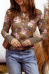 Floral Print Waffle Knit Textured V Neck Long Sleeve Top