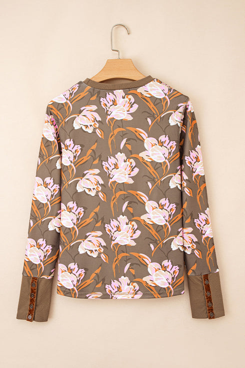 Floral Print Waffle Knit Textured V Neck Long Sleeve Top