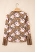 Floral Print Waffle Knit Textured V Neck Long Sleeve Top