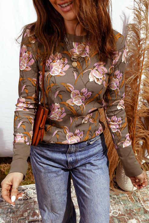 Floral Print Waffle Knit Textured V Neck Long Sleeve Top