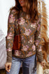 Floral Print Waffle Knit Textured V Neck Long Sleeve Top