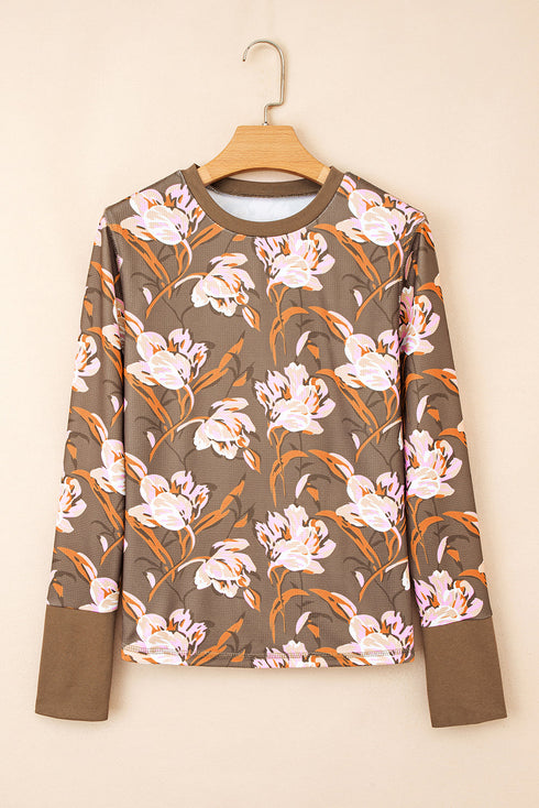 Floral Print Waffle Knit Textured V Neck Long Sleeve Top