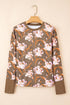 Floral Print Waffle Knit Textured V Neck Long Sleeve Top