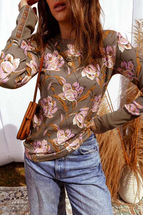 Floral Print Waffle Knit Textured V Neck Long Sleeve Top