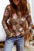 Floral Print Waffle Knit Textured V Neck Long Sleeve Top